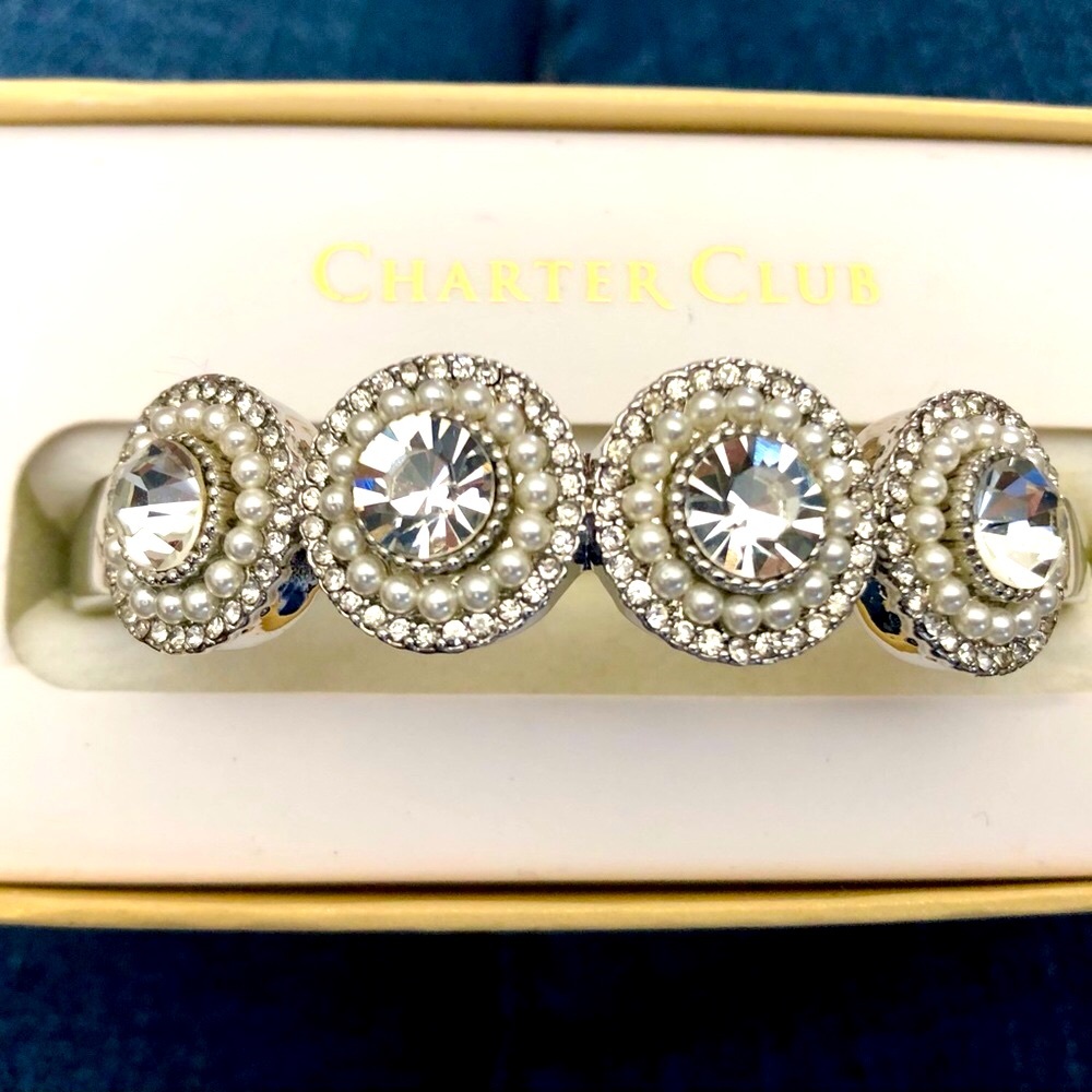 Charter Club Silver tone Crystal Kiska Pearl cluster Bangle Bracelet NWT
